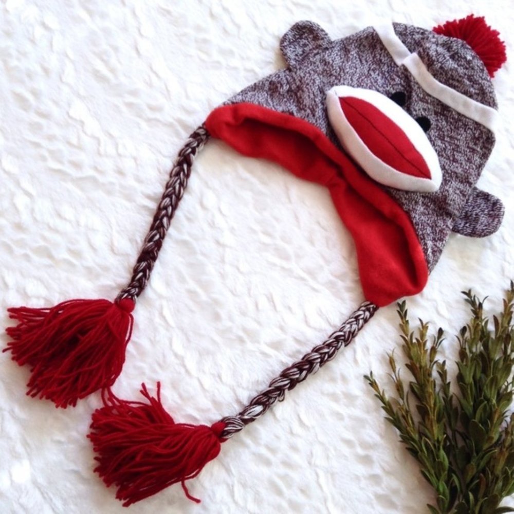 Monkey winter knit braided tassel beanie hat
